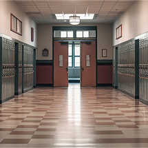 An empty school hallway with a checkered floor and rows of lockers on both sides leads to sturdy commercial doors at the end, ensuring durability in high-traffic areas.